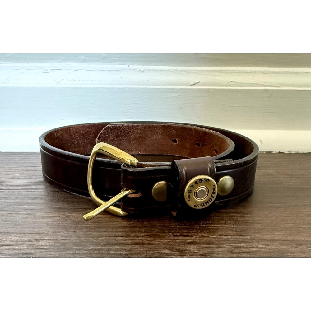 Over Under Kids Brown Leather Shotgun Shell Brass Buckle Belt Made in USA 28" - Picture 2 of 7